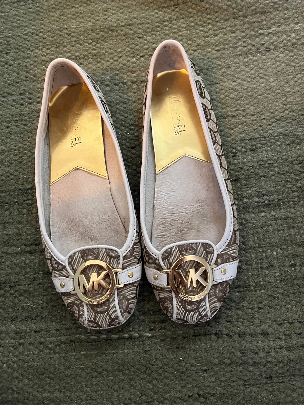 Michael Kors Brown and White Logo Ballet Flats with Gold MK Emblem